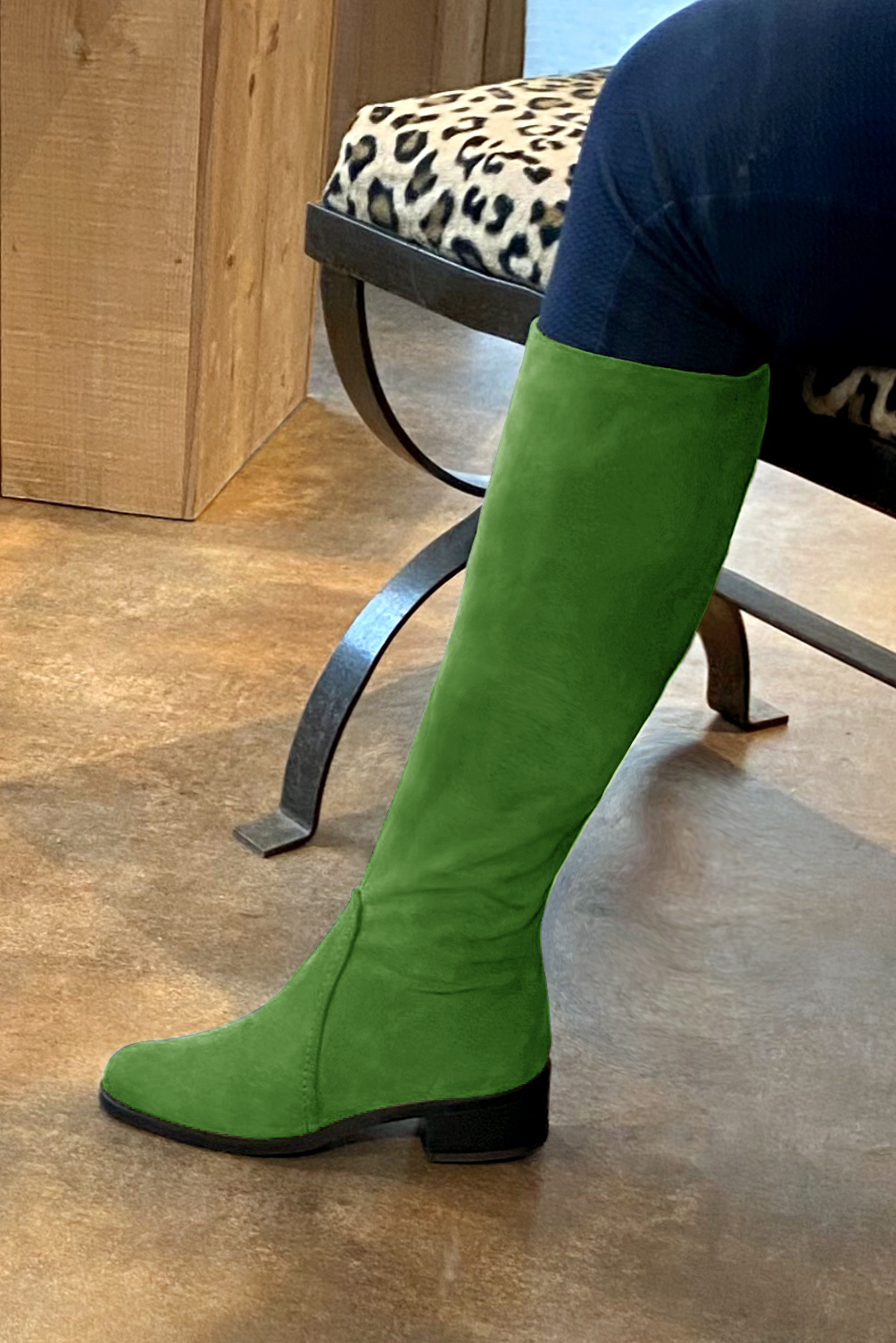 Grass green women's riding knee-high boots. Round toe. Low leather soles. Made to measure. Top view - Florence KOOIJMAN